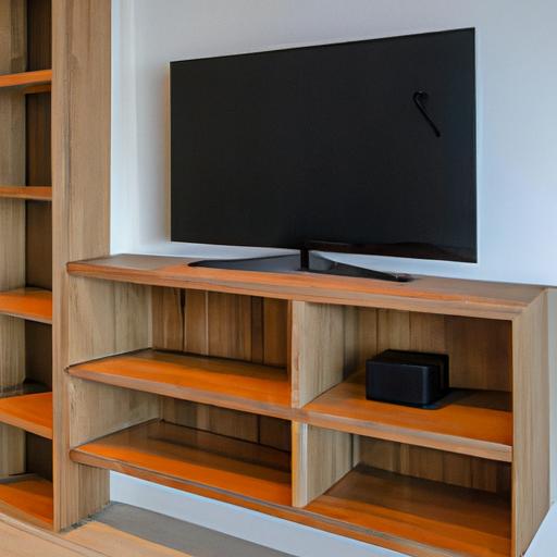 Một bức ảnh trưng bày một kệ tivi góc bằng gỗ được bố trí tốt trong phòng khách