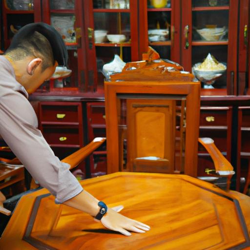 Một bức ảnh thể hiện một khách hàng kỹ tính kiểm tra chất lượng của chiếc bàn thờ án gian gỗ gụ, kiểm tra đường vân gỗ và sự khéo léo trong chế tác.