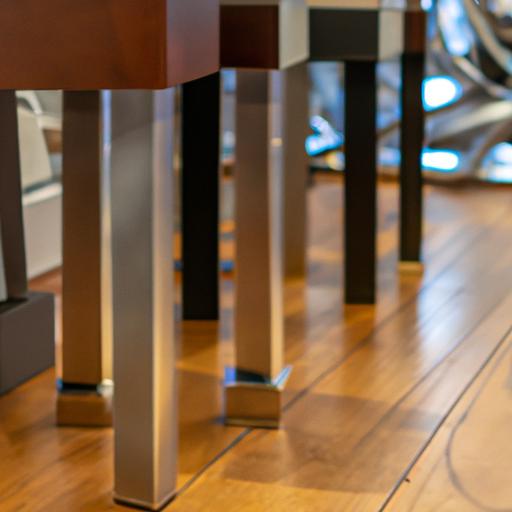 Các mẫu bàn chân inox và mặt gỗ khác nhau được trưng bày tại một cửa hàng nội thất.