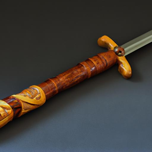 Một cây kiếm bằng gỗ với những hoa văn tinh xảo và bề mặt được mài bóng.