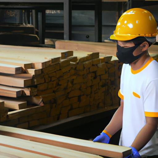 Một bức ảnh thể hiện một công nhân nhà máy kiểm tra chất lượng gỗ thông ghép tại Hải Phòng.