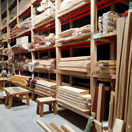 Một bức ảnh trưng bày một cửa hàng gỗ uy tín tại Hải Phòng với nhiều sản phẩm gỗ thông ghép đa dạng.