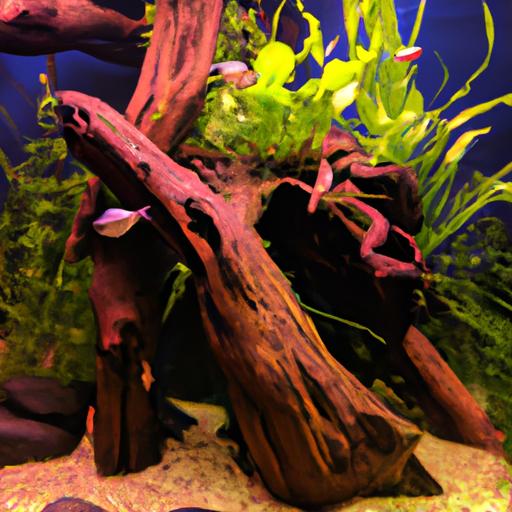 Một cảnh tượng dưới nước sống động với cá và thực vật thủy sinh bao quanh một mảnh gỗ lũa tuyệt đẹp.