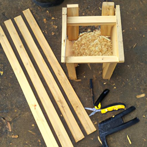 Các nguyên liệu và công cụ cần thiết để làm chuồng gà bằng gỗ.